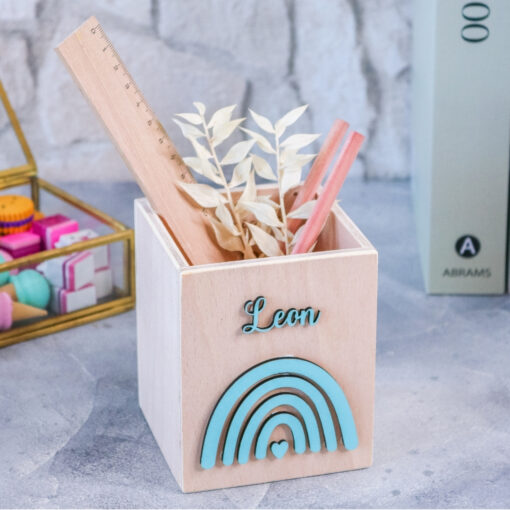 Stiftehalter Holz Regenbogen - Schreibtisch - personalisierbar mit Name + Motiv - Stiftebox - Geschenk Einschulung – Bild 3