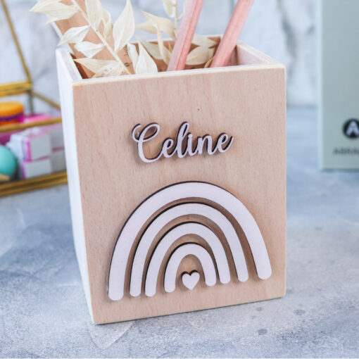 Stiftehalter Holz Regenbogen - Schreibtisch - personalisierbar mit Name + Motiv - Stiftebox - Geschenk Einschulung – Bild 6