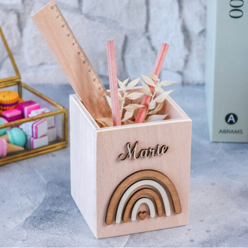 Stiftehalter Holz Regenbogen - Schreibtisch - personalisierbar mit Name + Motiv - Stiftebox - Geschenk Einschulung