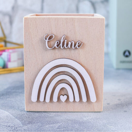 Stiftehalter Holz Regenbogen - Schreibtisch - personalisierbar mit Name + Motiv - Stiftebox - Geschenk Einschulung – Bild 7