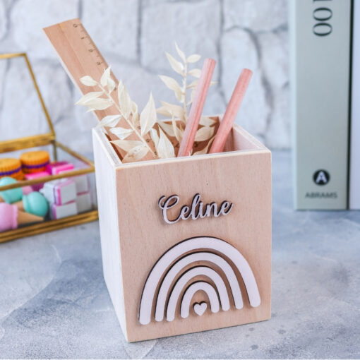Stiftehalter Holz Regenbogen - Schreibtisch - personalisierbar mit Name + Motiv - Stiftebox - Geschenk Einschulung – Bild 5