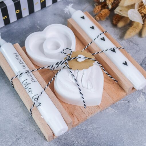 Hochzeit Geschenkset mit Stabkerzen & Herz Kerzenständer
