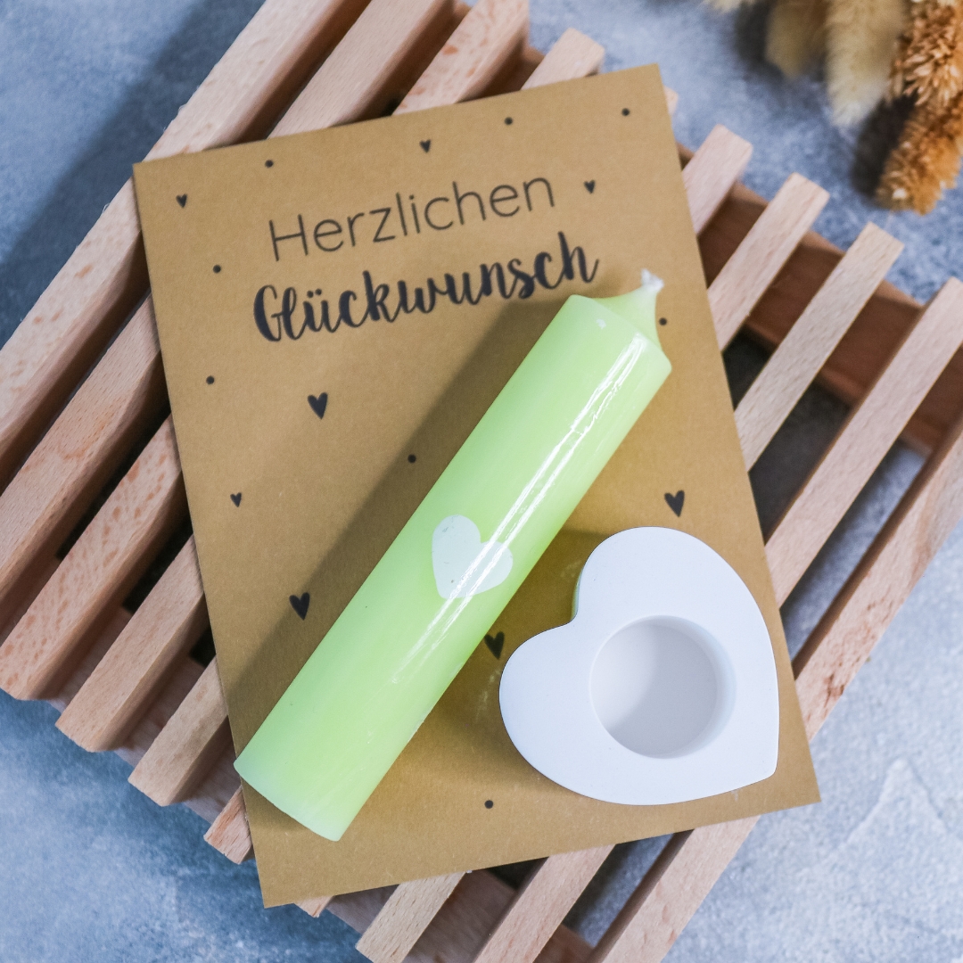 Herzlichen Glückwunsch Geschenkset mit Stabkerze und Herz Kerzenständer - Mitbringsel Geburtstag – Bild 3
