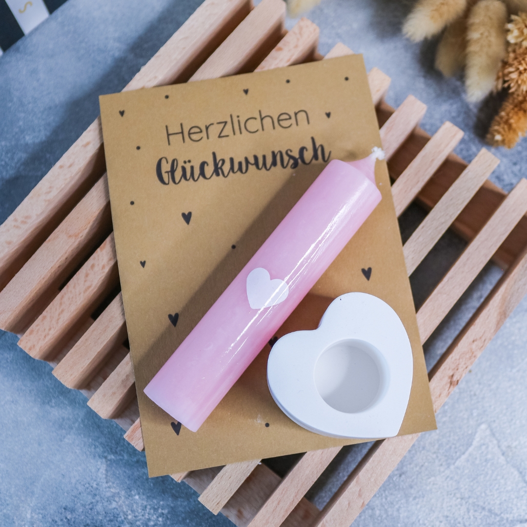 Herzlichen Glückwunsch Geschenkset mit Stabkerze und Herz Kerzenständer - Mitbringsel Geburtstag