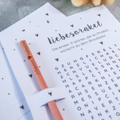 Liebesorakel Geschenkkarte mit Bleistift - personalisiert mit Name - Brautpaar Hochzeit Hochzeitsspiel Gastgeschenk