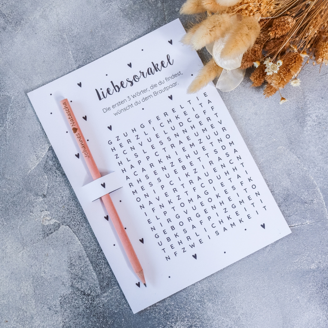 Liebesorakel Geschenkkarte mit Bleistift - personalisiert mit Name - Brautpaar Hochzeit Hochzeitsspiel Gastgeschenk – Bild 2