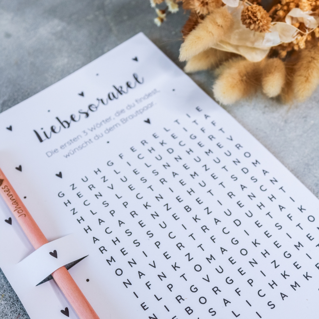 Liebesorakel Geschenkkarte mit Bleistift - personalisiert mit Name - Brautpaar Hochzeit Hochzeitsspiel Gastgeschenk – Bild 7