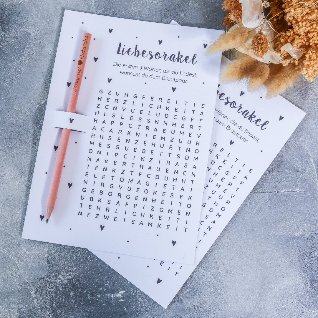Liebesorakel Geschenkkarte mit Bleistift - personalisiert mit Name - Brautpaar Hochzeit Hochzeitsspiel Gastgeschenk – Bild 3