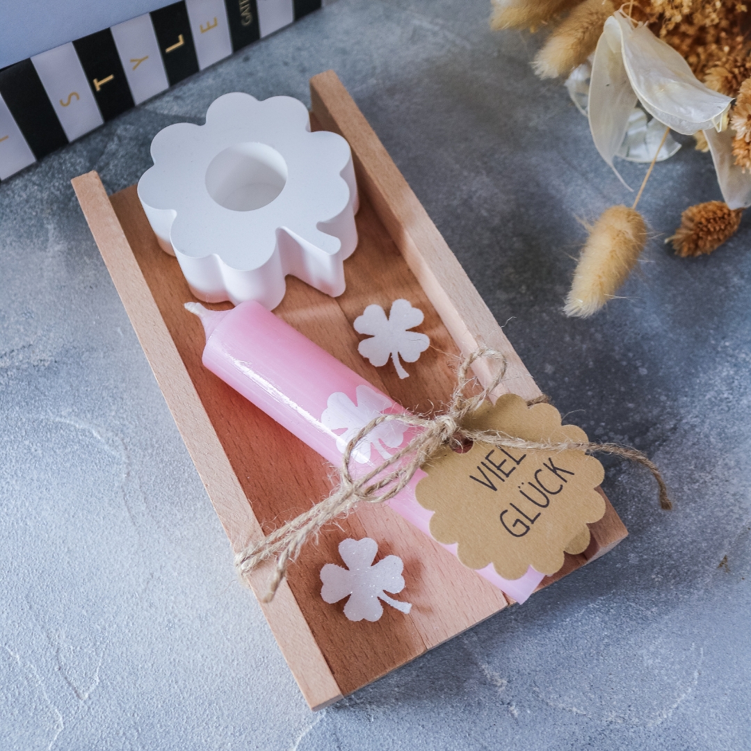 Glück Stabkerze Geschenkset mit Kleeblatt Kerzenständer - Geburtstag Glücksbringer
