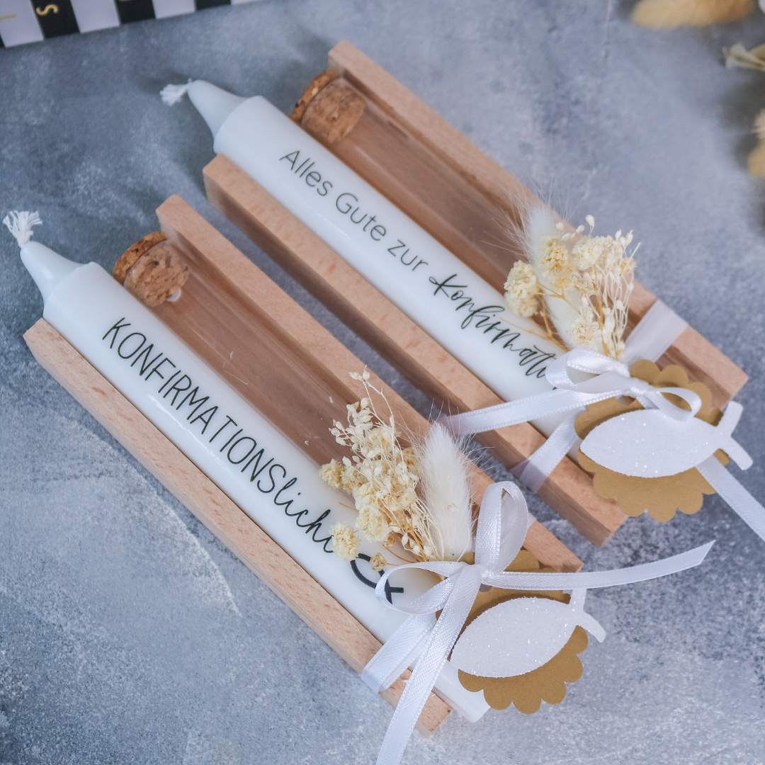 Geschenkset Kommunion Konfirmation mit Stabkerze und Reagenzglas - Mitbringsel Geschenk – Bild 4