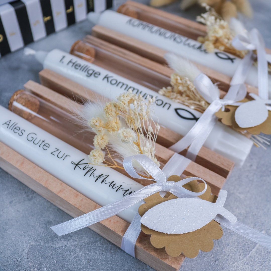 Geschenkset Kommunion Konfirmation mit Stabkerze und Reagenzglas - Mitbringsel Geschenk