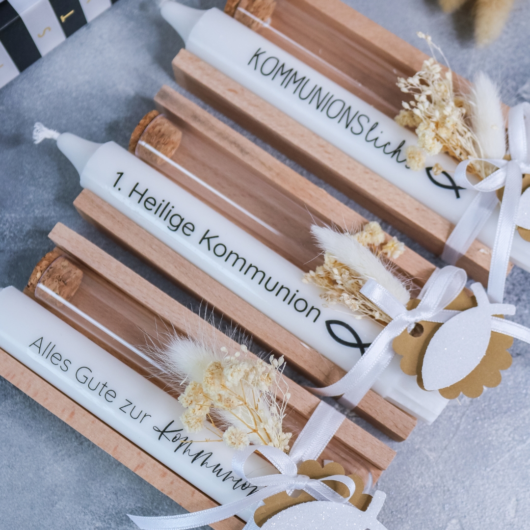 Geschenkset Kommunion Konfirmation mit Stabkerze und Reagenzglas - Mitbringsel Geschenk – Bild 3