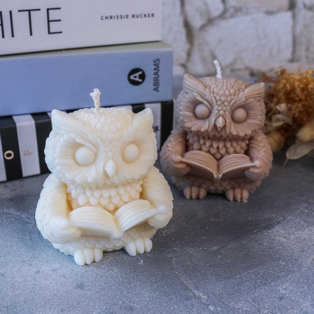 Eule mit Buch Kerze Herbst - handgemacht aus Rapswachs - Deko Halloween – Bild 3