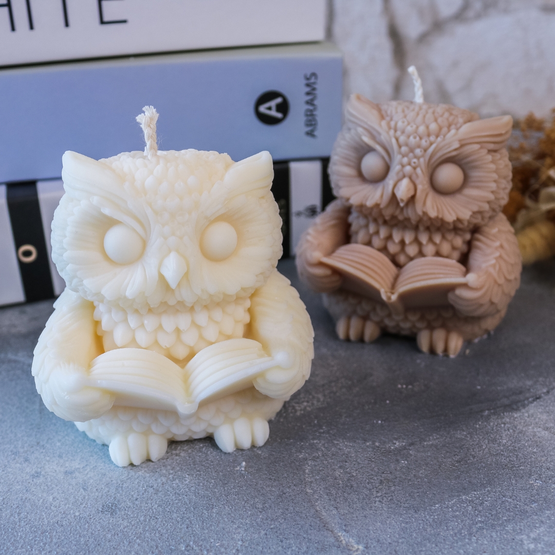 Eule mit Buch Kerze Herbst - handgemacht aus Rapswachs - Deko Halloween – Bild 2