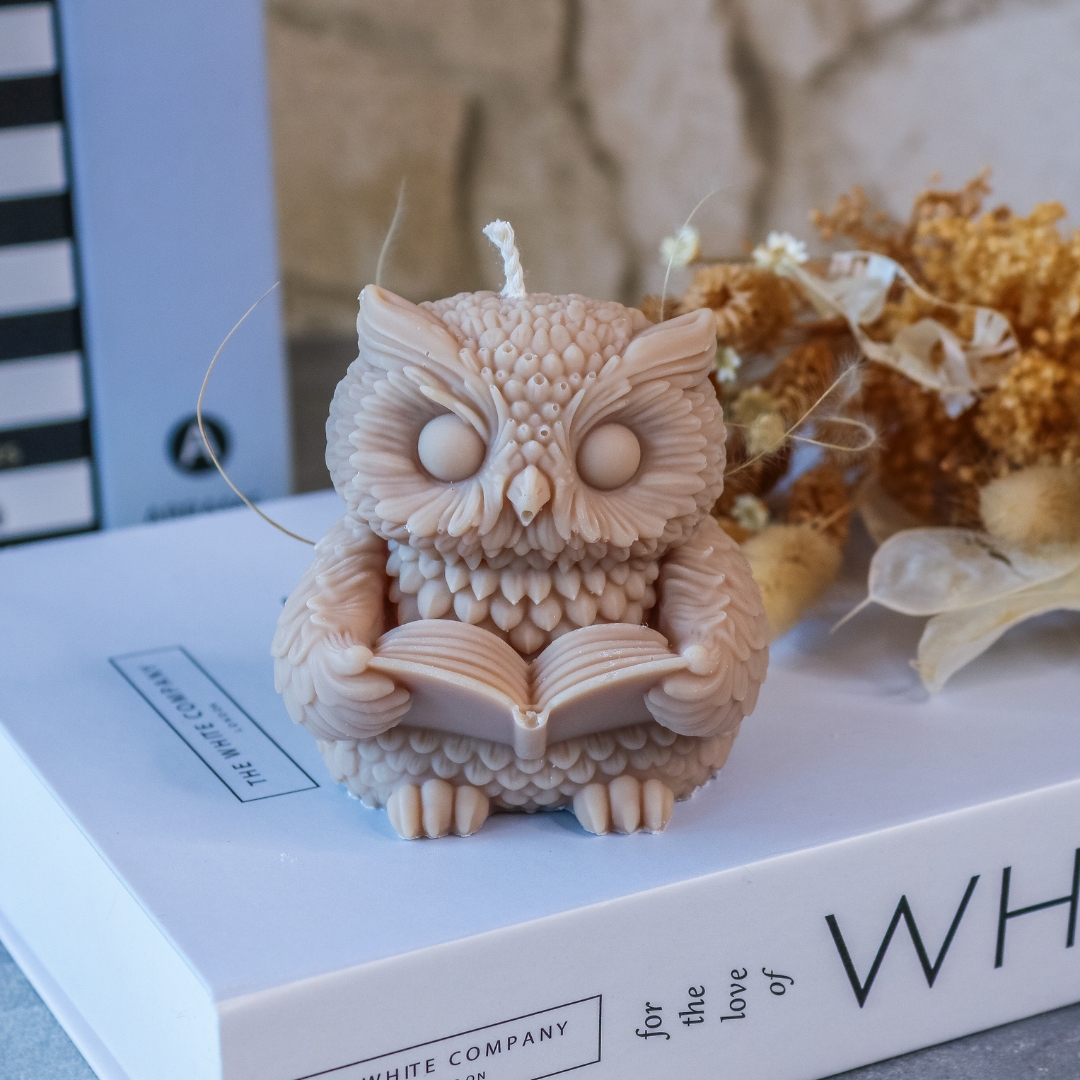Eule mit Buch Kerze Herbst - handgemacht aus Rapswachs - Deko Halloween – Bild 8