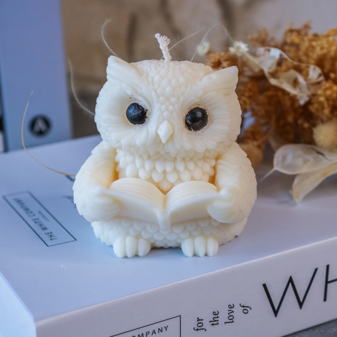 Eule mit Buch Kerze Herbst - handgemacht aus Rapswachs - Deko Halloween – Bild 9