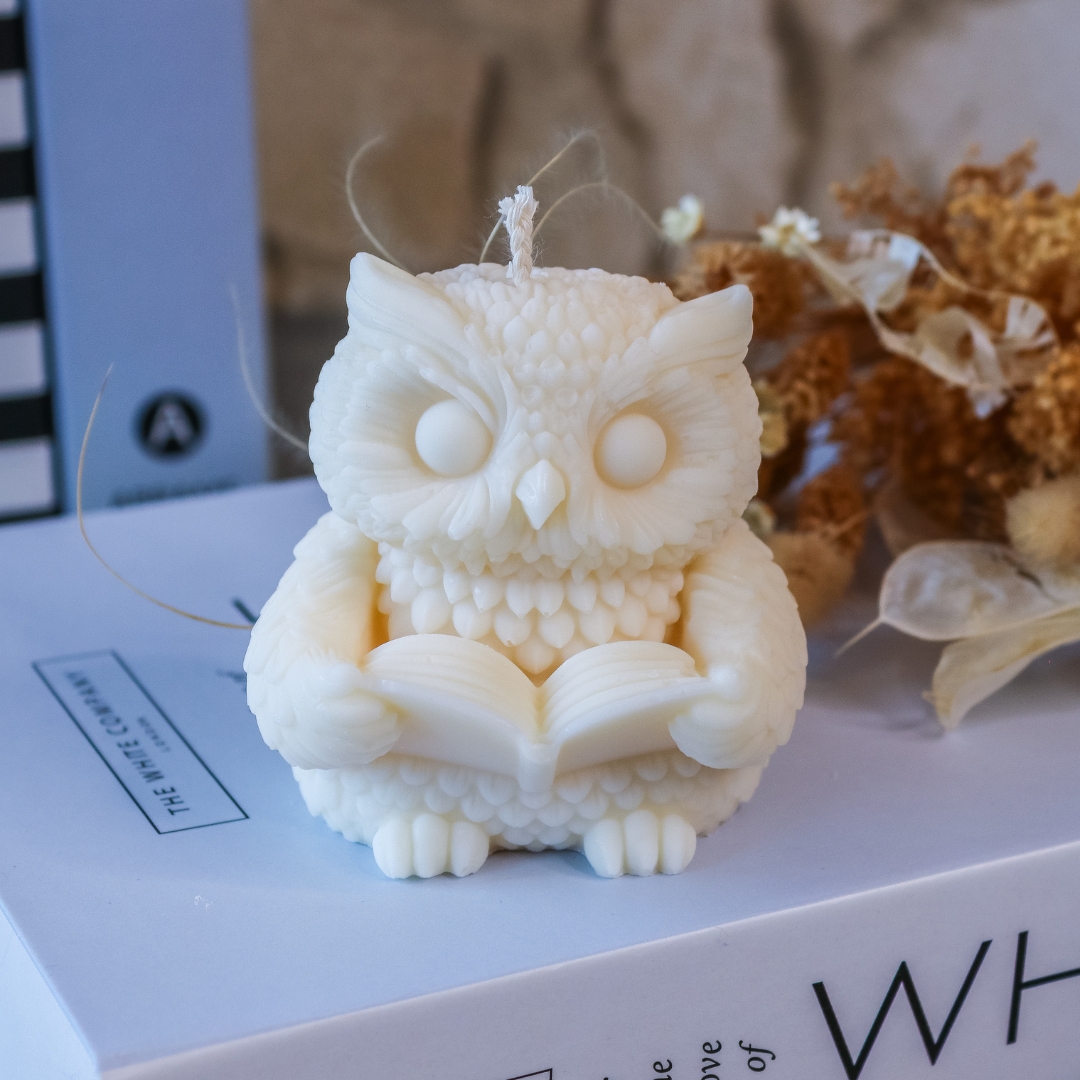 Eule mit Buch Kerze Herbst - handgemacht aus Rapswachs - Deko Halloween – Bild 10