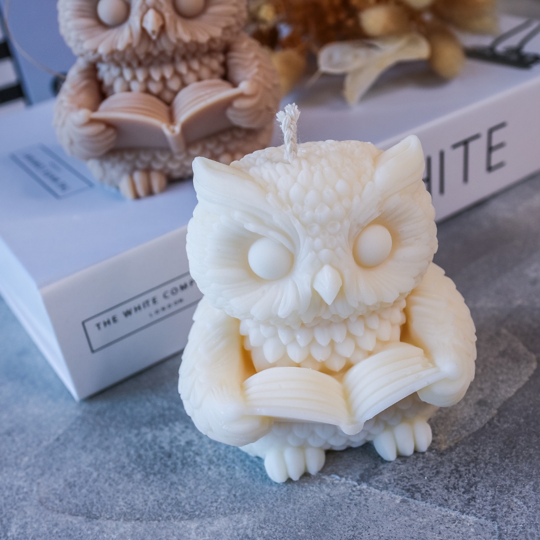 Eule mit Buch Kerze Herbst - handgemacht aus Rapswachs - Deko Halloween – Bild 6