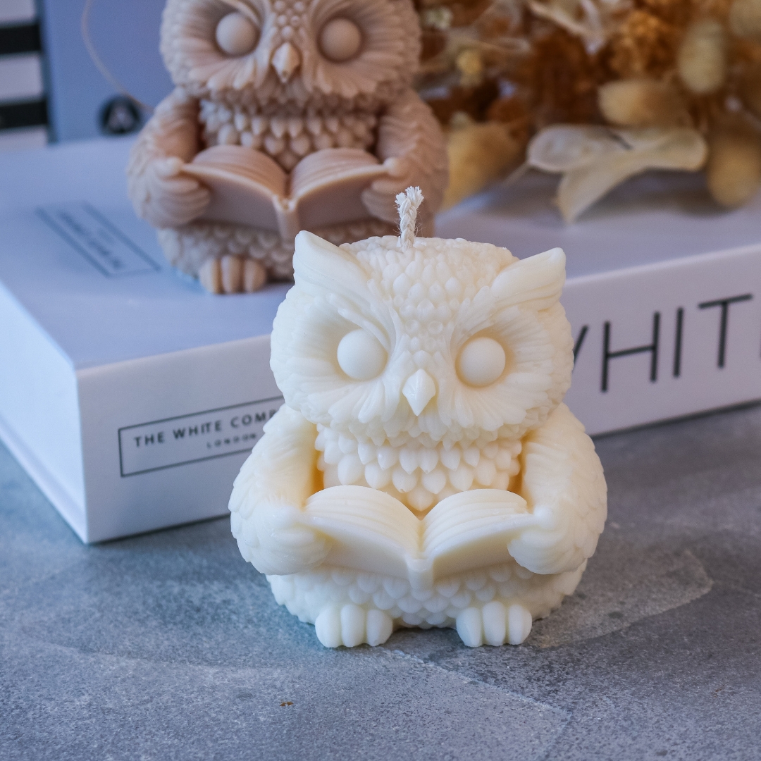 Eule mit Buch Kerze Herbst - handgemacht aus Rapswachs - Deko Halloween – Bild 5